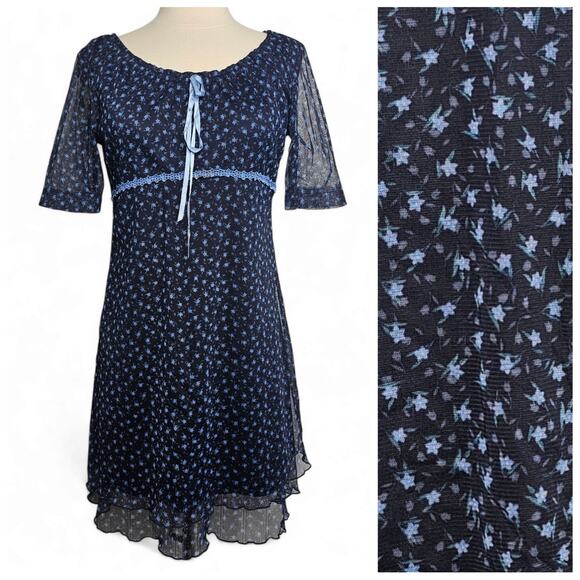 y2k No Boundaries Blue Mirco Floral Dress Size Small Coquette Romantic Bow Cute - Picture 1 of 11